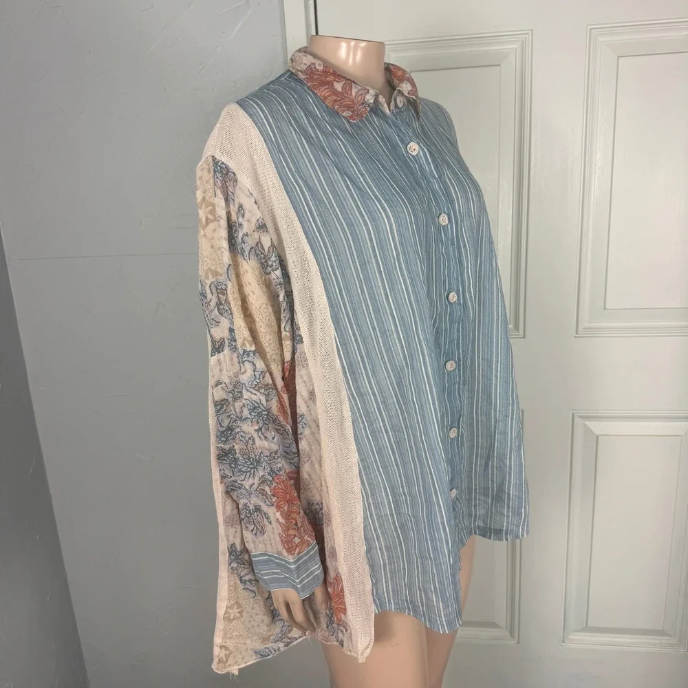 Free People All Patched Up Women's Shirt XS Button Mixed Print Cotton Boho V3-9